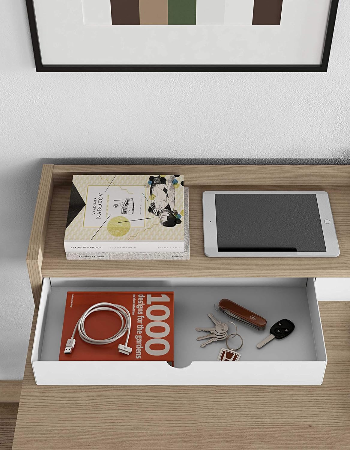 TemaHome Rise bureau, eikenfineer, witte laden en onderstel, L100xB55xH85 cm