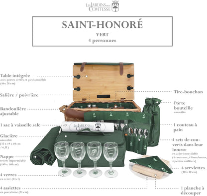 Les Jardins de la Comtesse - Groene Picknickmand Saint-Honoré - Lederen riemen - 4 personen - Met opvouwbare tafel in bamboe - Porseleinen borden en glazen wijnglazen - 45 x 28 x 28 cm