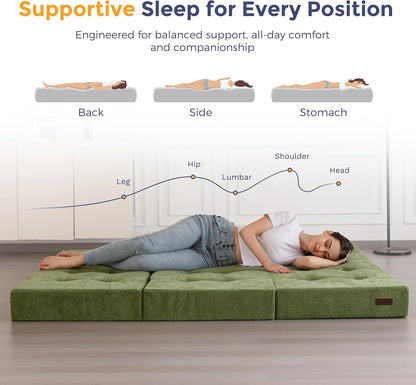 MAXYOYO Opvouwbare Matras Eenpersoons, 15 cm Comfortabele Opvouwbare Matras Met Chenille-Stof, Driekwijd Vloer Futon Bank Bed Voor Gast, Vouwmatras Topper Voor Camping, Lichtgroen, Enkel