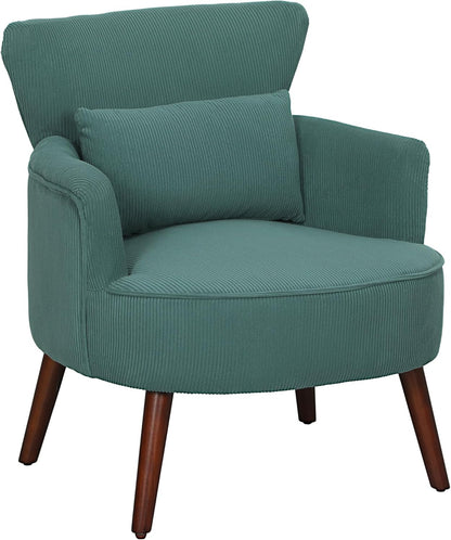 HOMCOM Armrest Lounge Chair Armrests, Upholstered Chair with Cushion, Corduro Armrest Chair Wooden Legs Reading Chair for Living Room, Bedroom, Dark Green - QUORE