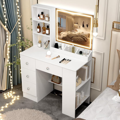 3-in-1 Bureau Kaptafel met LED Spiegel | Multifunctioneel Meubel voor Make-up, Werk & Nachtkastje | Moderne Witte Kaptafel met 4 Lades