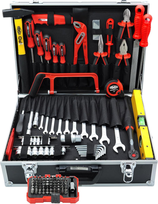 Famex 755-57 Aluminium gereedschapskoffer, uitgerust met hoogwaardig gereedschap, complete set, gevuld, gereedschapskist voor huishouden, garage, werkplaats