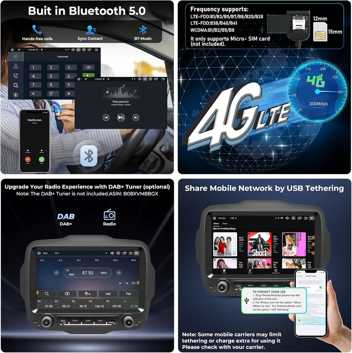 Android 14.0 Autoradio voor Jeep Renegade 2015-2020 met 9 Inch Touchscreen GPS Navigatie Radio Ondersteuning 4G DSP TPMS OBD Draadloze Carplay/Android Auto 4+64GB