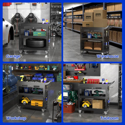 Gereedschapswagen met 3 lagen met afsluitbare lade en pegboard, 4 haken, maximale belasting van 200 kg, multifunctionele gereedschapswagen met geschikt voor werkplaatsen, magazijnen