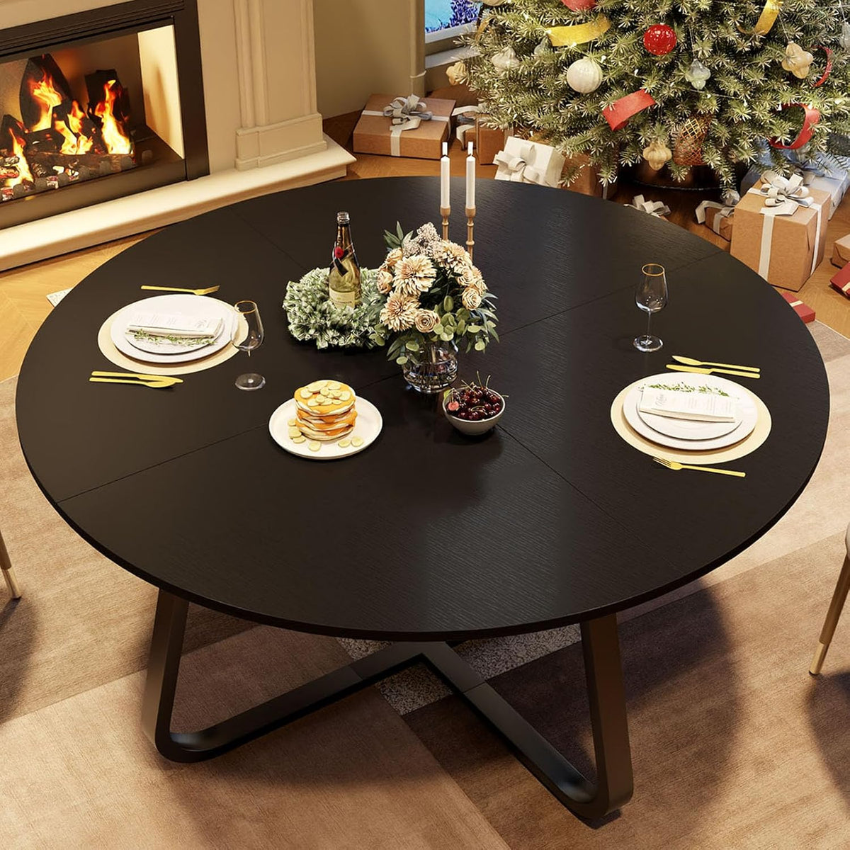 LVB Zwarte ronde eettafel en eettafel, moderne keuken van metaal en hout, kleine industriële tafel voor 4 tot 6 personen
