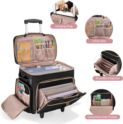 Rolling Teacher Bag with Wheels, Docententas met Afneembare Trolley, Docententas op wielen past voor 15. 6” Laptop en Docentenbenodigdheden, Zwart (Patent Design)