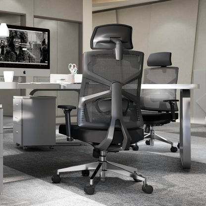 HOLLUDLE Ergonomische bureaustoel met adaptieve rugleuning, hoge rugleuning computerbureaustoel met 4D-armleuningen, verstelbare zitdiepte, lendensteun en 2D-hoofdsteun, draaibare taakstoel, zwart