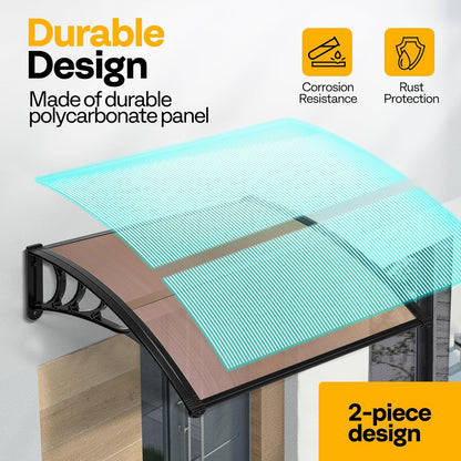 VIVOHOME Luifel voor voordeurraam luifel 200×100cm Polycarbonaat gesplitste dakbedekking Bruine lessenaarsdakluifel met zwarte beugel voor zonwering en regenbescherming