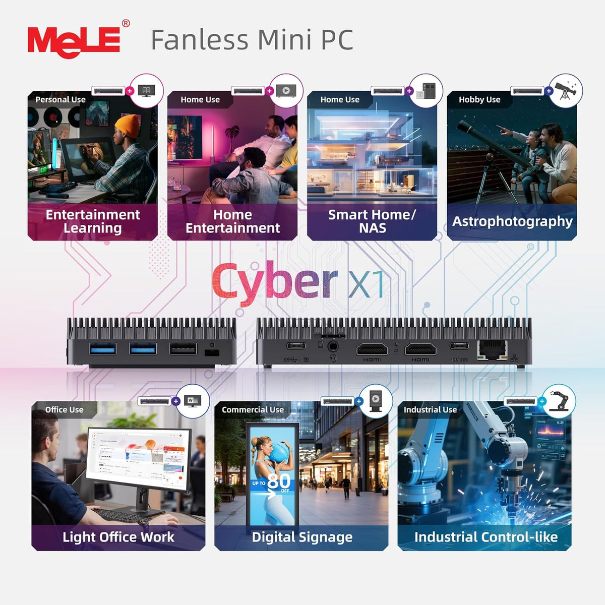MeLE Mini-PC zonder ventilator, Cyber X1 N150, 16 GB RAM, 512 GB SSD, USB-C volledig functioneel met USB PD3.0, videoweergave en gegevensoverdracht, 2 x HDMI 2.0