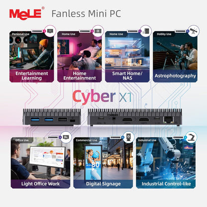 MeLE Mini-PC zonder ventilator, Cyber X1 N150, 16 GB RAM, 512 GB SSD, USB-C volledig functioneel met USB PD3.0, videoweergave en gegevensoverdracht, 2 x HDMI 2.0