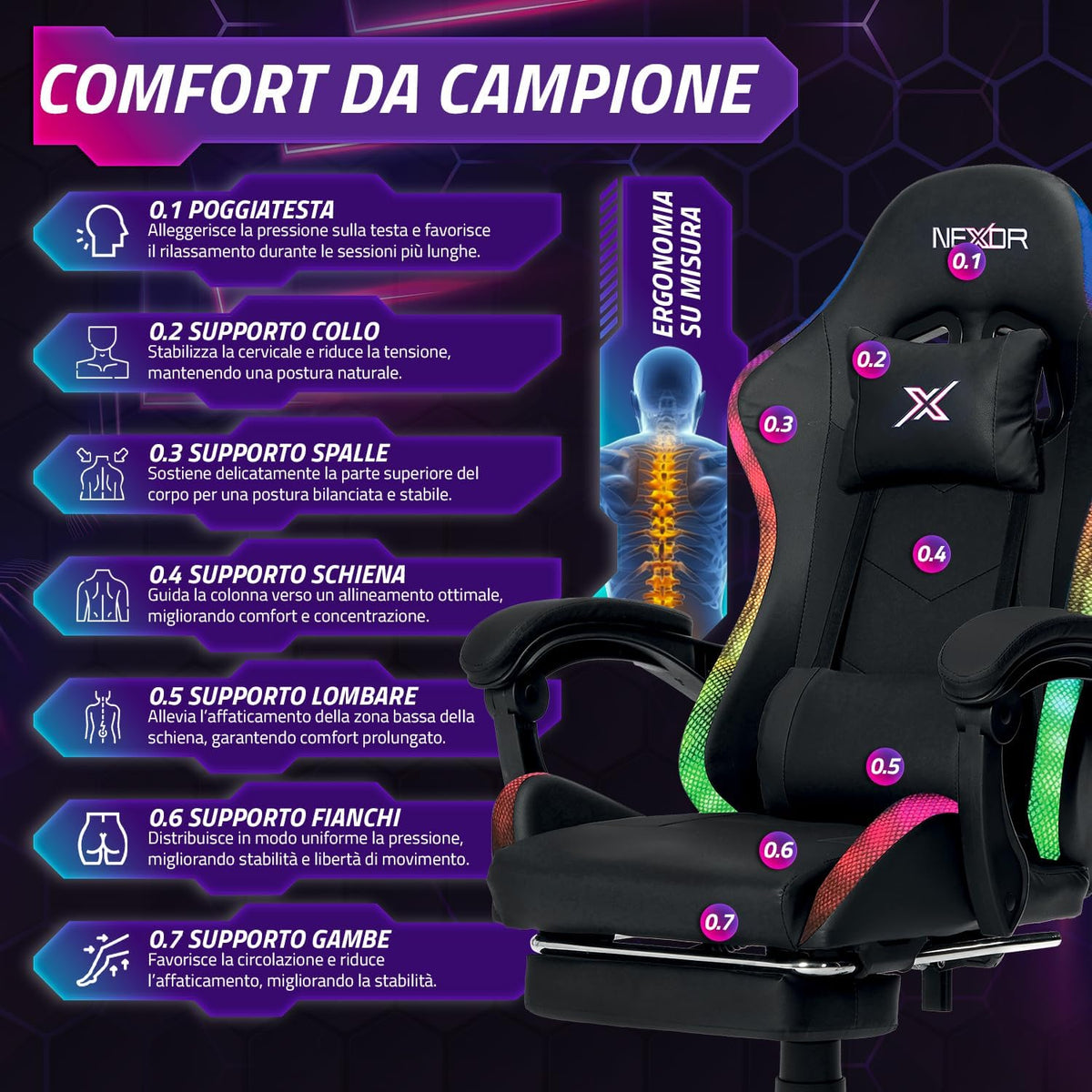 Wintem Gamingstoel met uittrekbare voetensteun, dubbel kussen en RGB-USB-ledlampjes voor absoluut comfort en futuristisch design, ideaal voor gaming, studio en kantoor