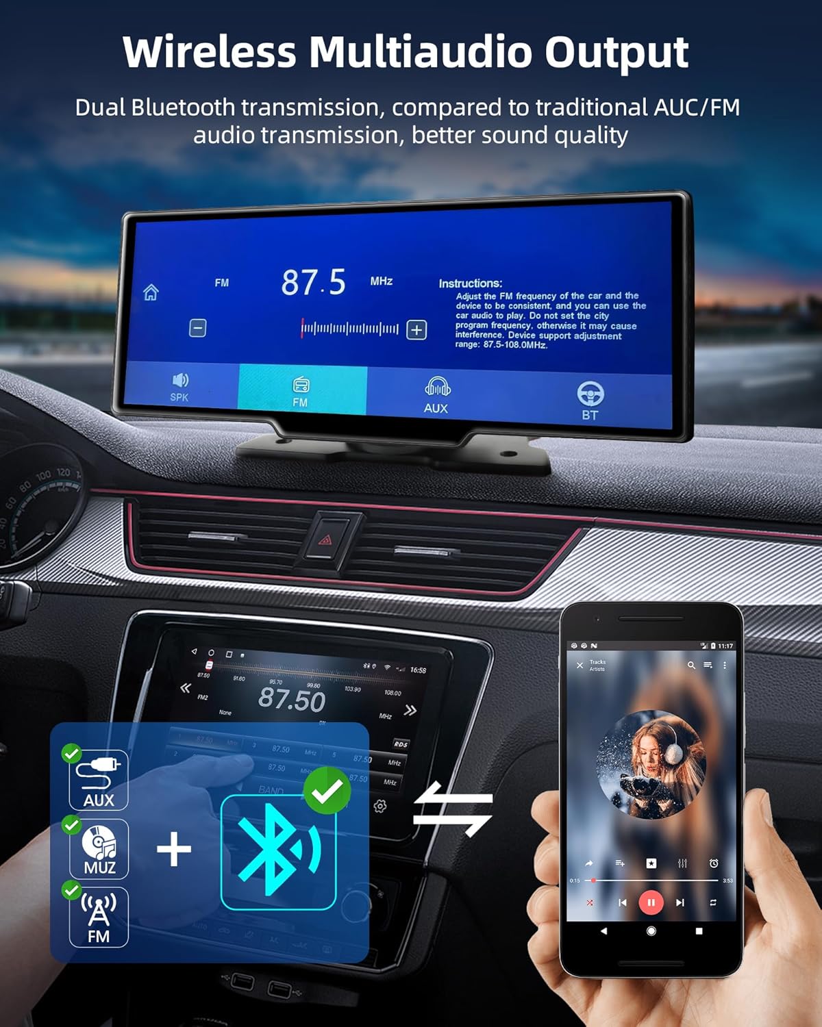 Draadloos Apple Carplay Display – Android Auto Scherm – Auto Infotainmentsysteem – Touchscreen Navigatie – Dashcam Voor en Achter – 10,26 Inch HD IPS – 2,5K Frontcamera & 1080p Achteruitrijcamera – Bluetooth 5.0 & 64GB TF-kaart