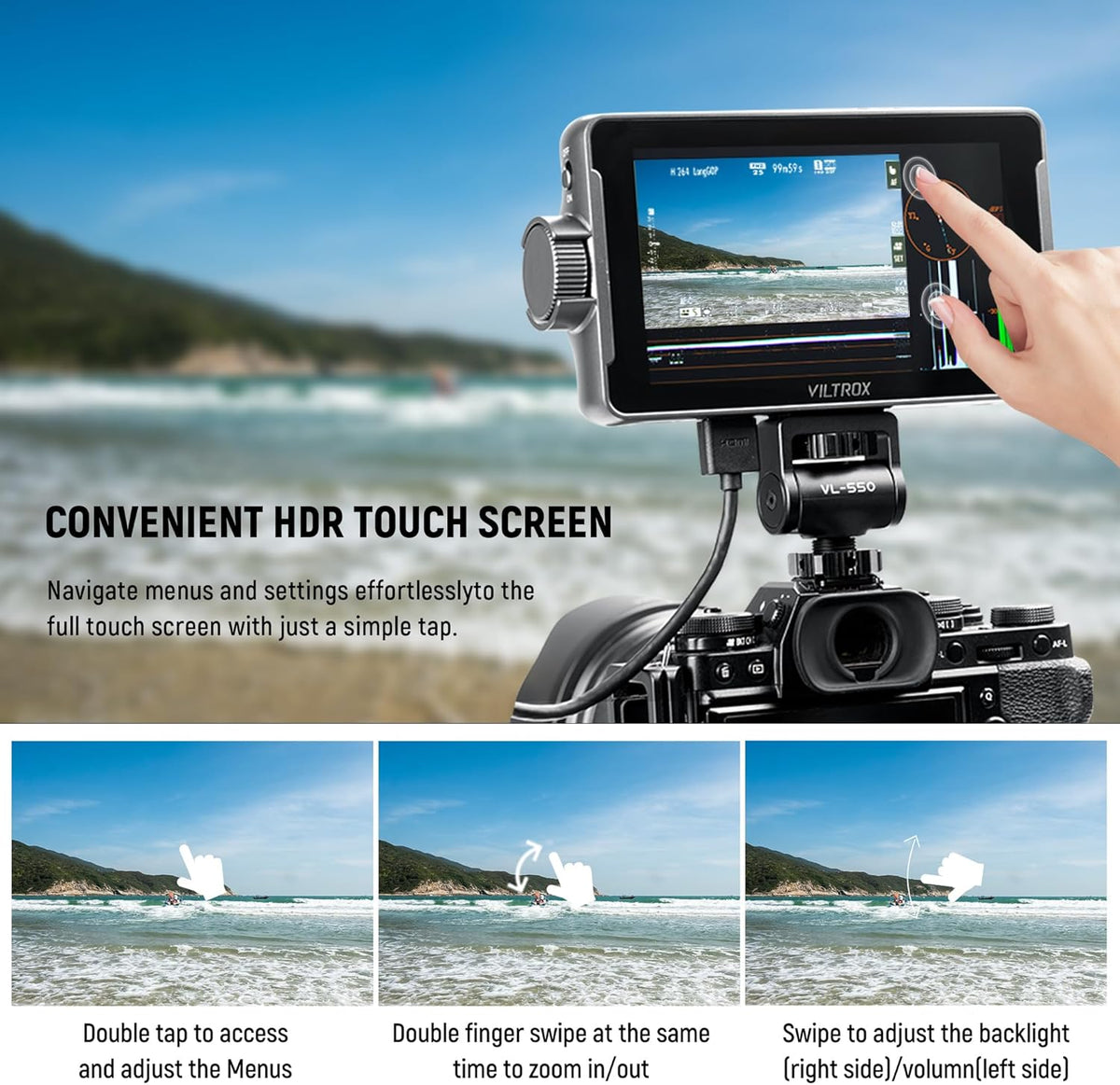 VILTROX DC-550 Pro 5,5 inch cameraveldmonitor, 4K HDMI-touchscreen DSLR-cameramonitor met batterijzonnekap, 1200 Nits 3D Lut 1920X1080 HD Focus Peaking Assist op cameravideomonitor