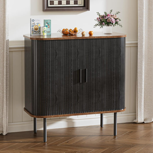 Keukenkast, sideboard met twee schuifdeuren, houten opbergkast met verstelbare planken, opbergkast voor keuken, eetkamer, woonkamer, zwart