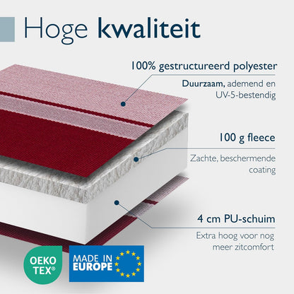 Beautissu Set van 8 Premium Hoge Rugleuning Kussen met Hoofdkussen 120x50 cm Sun-HL – UV-bestendig & 8cm Dik Kussen Tuinstoelkussen Antislip Bevestigingsbanden – Stevige Stof Rood Antraciet Gestreept