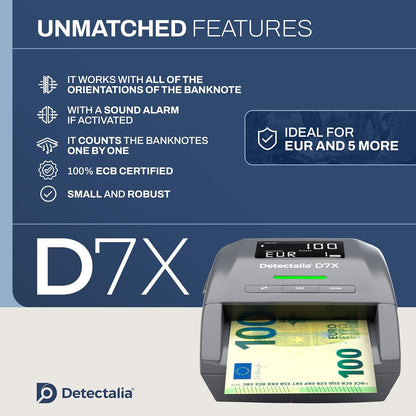 Detectalia D7X Bankbiljettencontroleur en telmachine afzonderlijk - Valsgeld tester met 7 herkenningstests voor euro, gbp, chf, pln, czk en sek