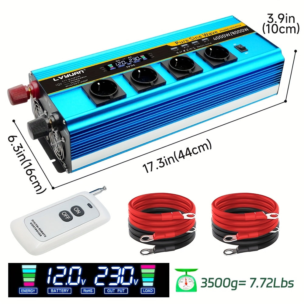 Omvormer 12V naar 230V – Inverter – Stroomomvormer – Spanningsomzetter – Power Converter – 4000W Continu Vermogen – Pure Sinusgolf & 4 Stopcontacten