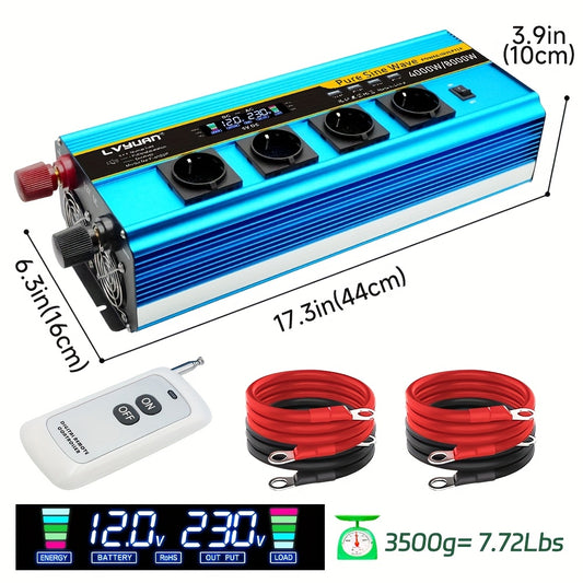 Omvormer 12V naar 230V – Inverter – Stroomomvormer – Spanningsomzetter – Power Converter – 4000W Continu Vermogen – Pure Sinusgolf & 4 Stopcontacten