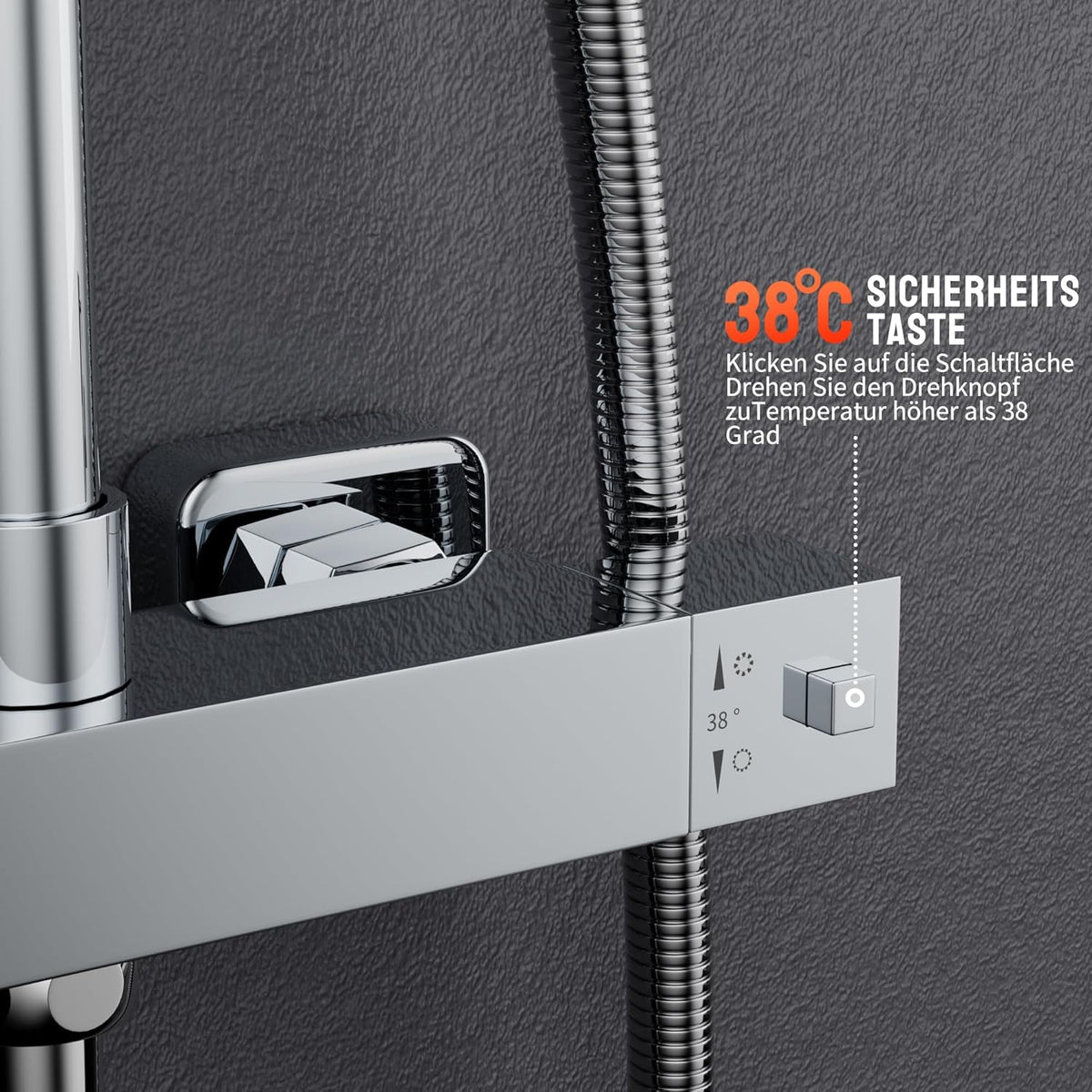 MORADO Thermostatische doucheset, in hoogte verstelbaar thermostatisch douchesysteem, douchestangset met regendouche en 3-functies handdouche, verchroomd, vierkante vorm