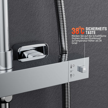 MORADO Thermostatische doucheset, in hoogte verstelbaar thermostatisch douchesysteem, douchestangset met regendouche en 3-functies handdouche, verchroomd, vierkante vorm