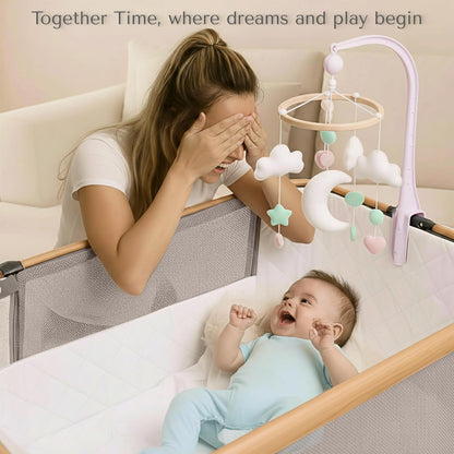 Love For Sleep SnooBee Next To Me bijzetbed & kinderbed, vrijstaand, 6 hoogteniveaus, wielen, matras, zijkanten van ademend mesh met muggennet, opvouwbaar met tas (0-6 maanden), kaki / grenen