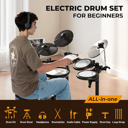 CAHAYA E-drumset met mesh-vacht: Dual Trigger Pads en 350 geluiden – elektronisch drumstel met grote 8 inch snare pad, complete set met drumkruk, hoofdtelefoon, sticks – voor beginners en kinderen