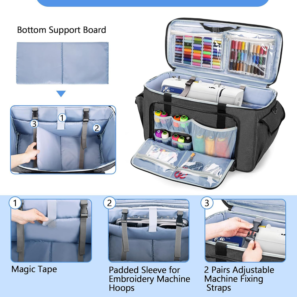 CURMIO Borduur- en Naaimachine Draagtas met Wielen, Rolbare Borduurmachine Tote Bag met Ondersteunende Bodemplaat voor Borduurmachine en Naaibenodigdheden, Grijs