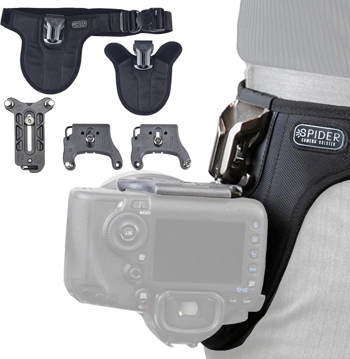 Spider Holster SpiderPro Uniek camerasysteem v2 professionele transportset voor DSLR-camera's en spiegelloze camera's en zware uitrusting. Inclusief riem met geïntegreerde hoes