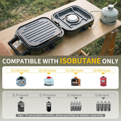 Kooktoestel - Gasstel - Campinggasfornuis - Campingmeubelen - 2-in-1 - met Grillplaat - Inklapbaar - Draagbaar - Piëzo-Intsteking - Compatibel met Isobutaan-Brandstofmengsel - Buitenactiviteiten - Kamperen - Noodsituatie - 8.4x2.4x10cm - Groen