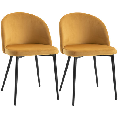 HOMCOM Dining Chairs Kitchen Chair Scandinavian Design - Set of 2 Chairs - Thin Metal Black Legs - Ergonomic Velvet Mustard Seat Back