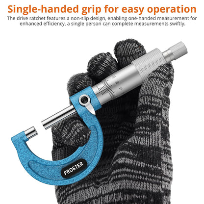 Proster Micrometer voor buiten, 0-150 mm, 6 stuks, mechanische buitenmicrometer, 0,01 mm, met stoprail, chroom satijn en laserschaal, professionele set met kalibratiebeugels en werkplaatsbox