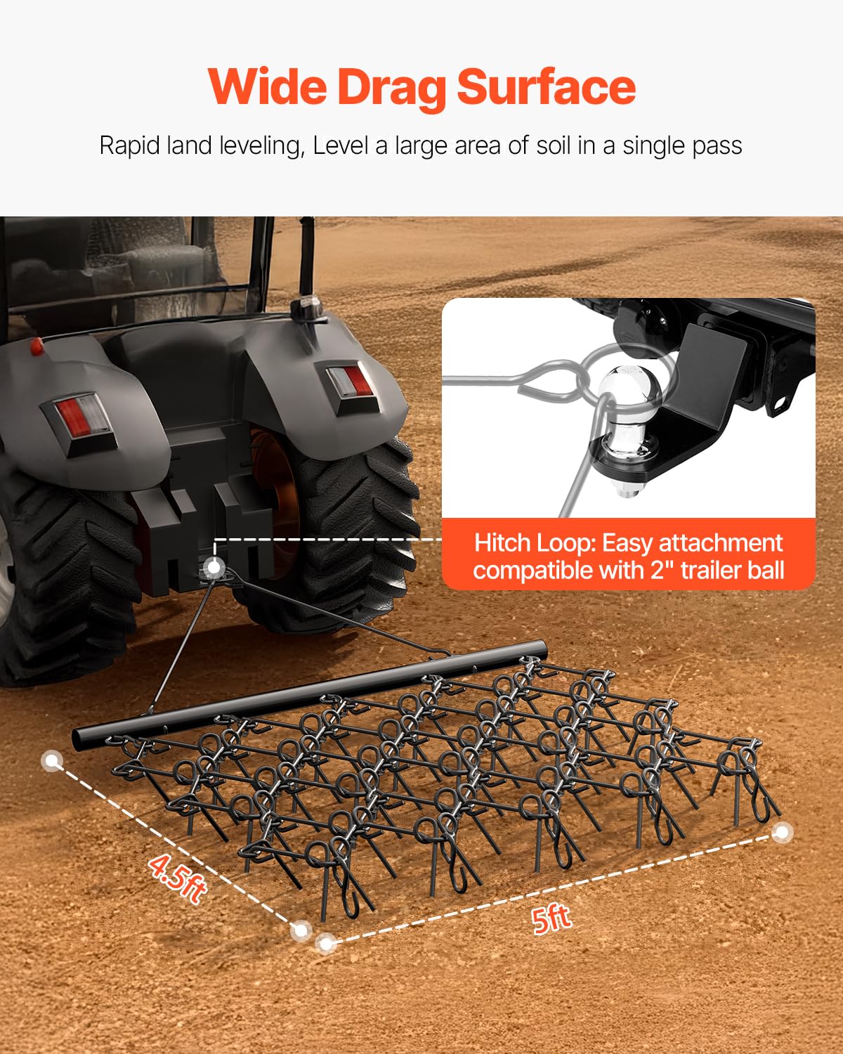 VEVOR Meadow harrow, 178 x 147 x 11 cm, 60 tooth pasture drag, suitable for ATV and UTV tractors, for soil preparation, sowing, grading landscapes and maintenance of gravel driveways