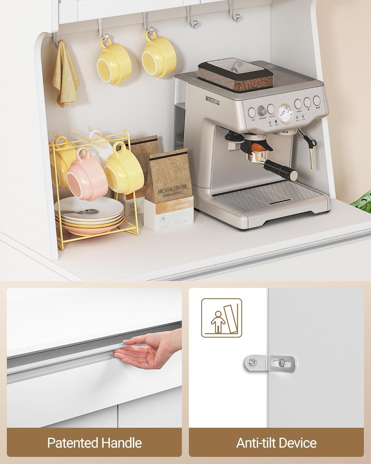 Hzuaneri Kitchen Cabinet, Buffet Cabinet, Tall Cabinet with Worktop and 4 Storage Compartments, Adjustable Shelves, Suitable for Kitchen or Living Room, 40 x 75 x 180 cm, Hemp White, PT40003XV1