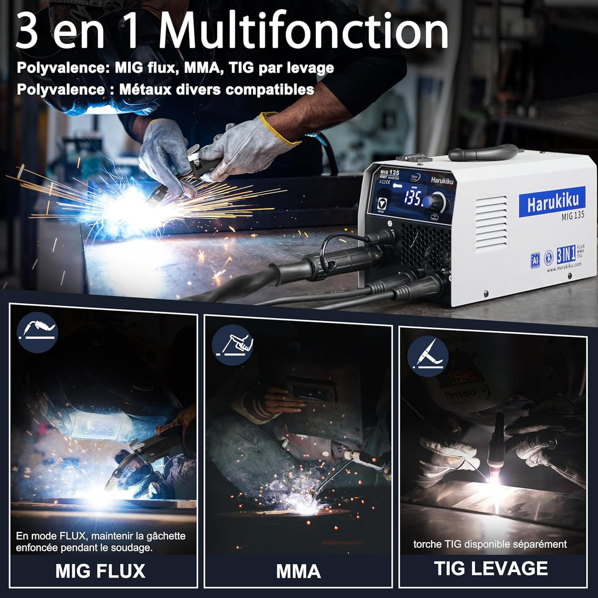 Harukiku135 lasapparaat zonder gas met gevulde draad, 3-in-1 Multiproces Lastoestel (Flux Core MIG/MMA/Lift TIG) met Synchrone Draadaanvoer, Compacte IGBT Inverter voor Professionals & Doe-het-zelvers