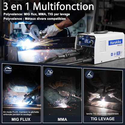 Harukiku135 lasapparaat zonder gas met gevulde draad, 3-in-1 Multiproces Lastoestel (Flux Core MIG/MMA/Lift TIG) met Synchrone Draadaanvoer, Compacte IGBT Inverter voor Professionals & Doe-het-zelvers