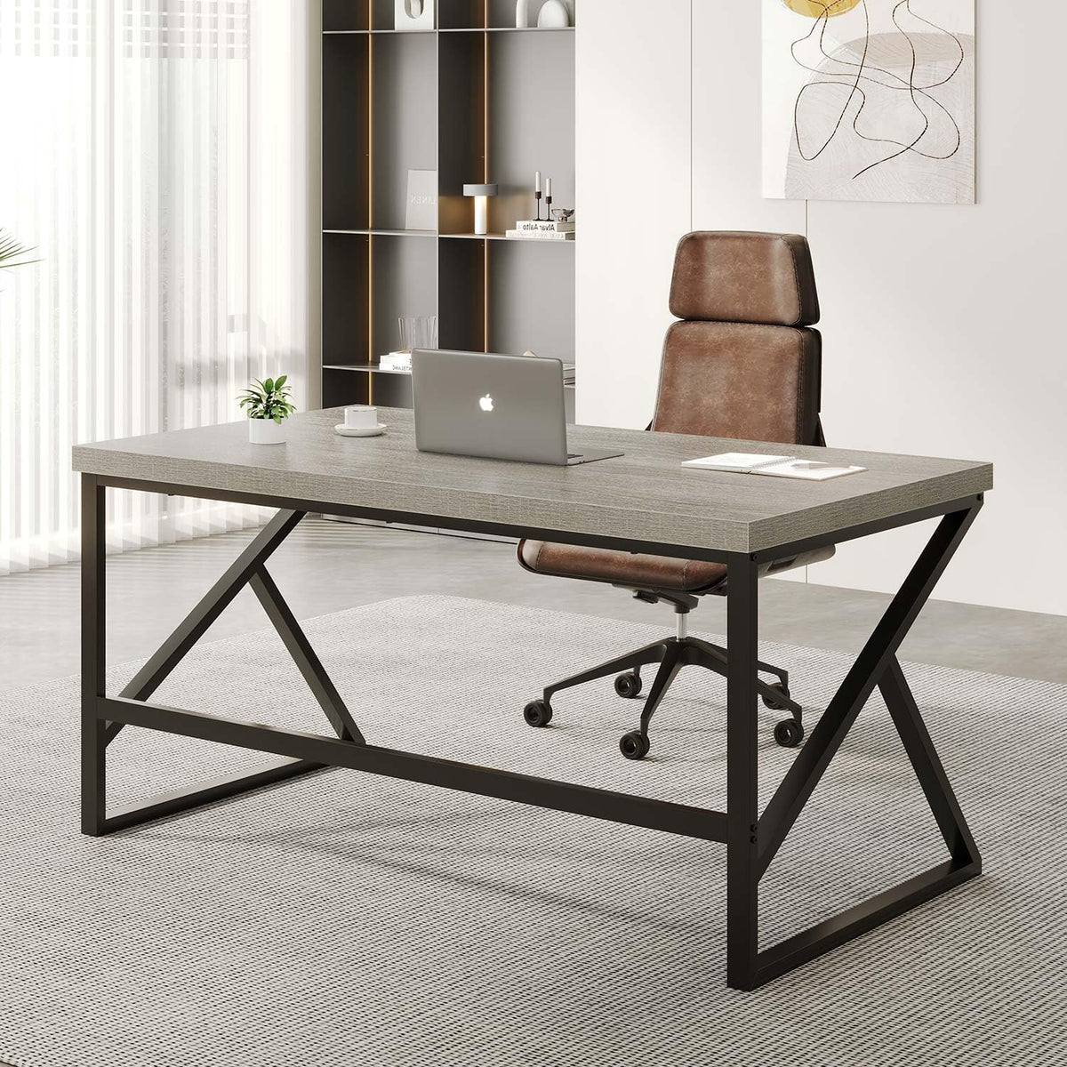 HSH Bureau, computerwerk, pc, hout en metaal, industrieel, tafel, studiewerk, eenvoudig, modern, voor slaapkamer, 140 cm, grijs