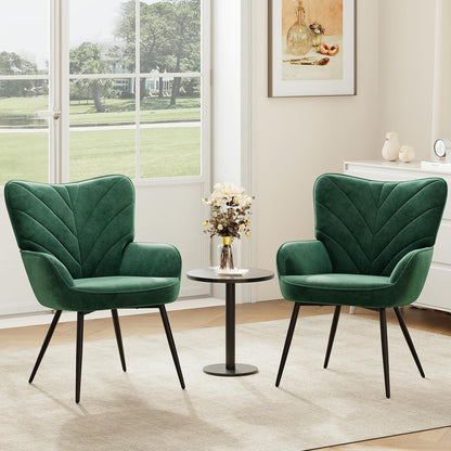 COLAMY Woonkamerstoel, fluwelen beklede relaxstoel met hoge rugleuning, gevoerde comfortstoel met Wingback-design, lounge stoel met houten poten voor woonkamer, leeshoek, groen
