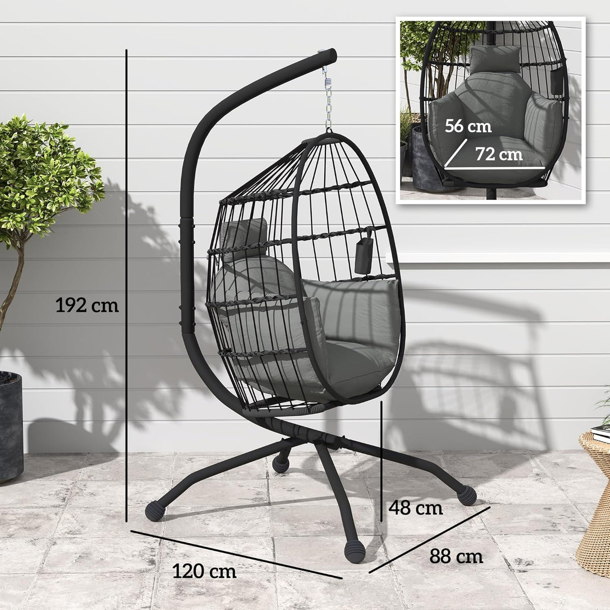 Outsunny Eshaped Outdoor Hanging Chair Folding Hanging Swing with Cup Holder, Removable Washable Seat Frame Hammock for 1 Person Swing Chair for Patio Garden Black - QUORE