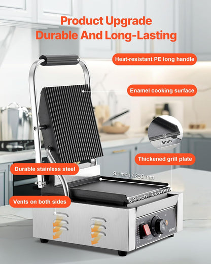 VEVOR Elektrische grill voor Panini 1800 W, sandwichplaat met geëmailleerde plaat, 22 x 23 cm, roestvrij staal, handgreep, temperatuurcontrole, voor hamburgers, steaks