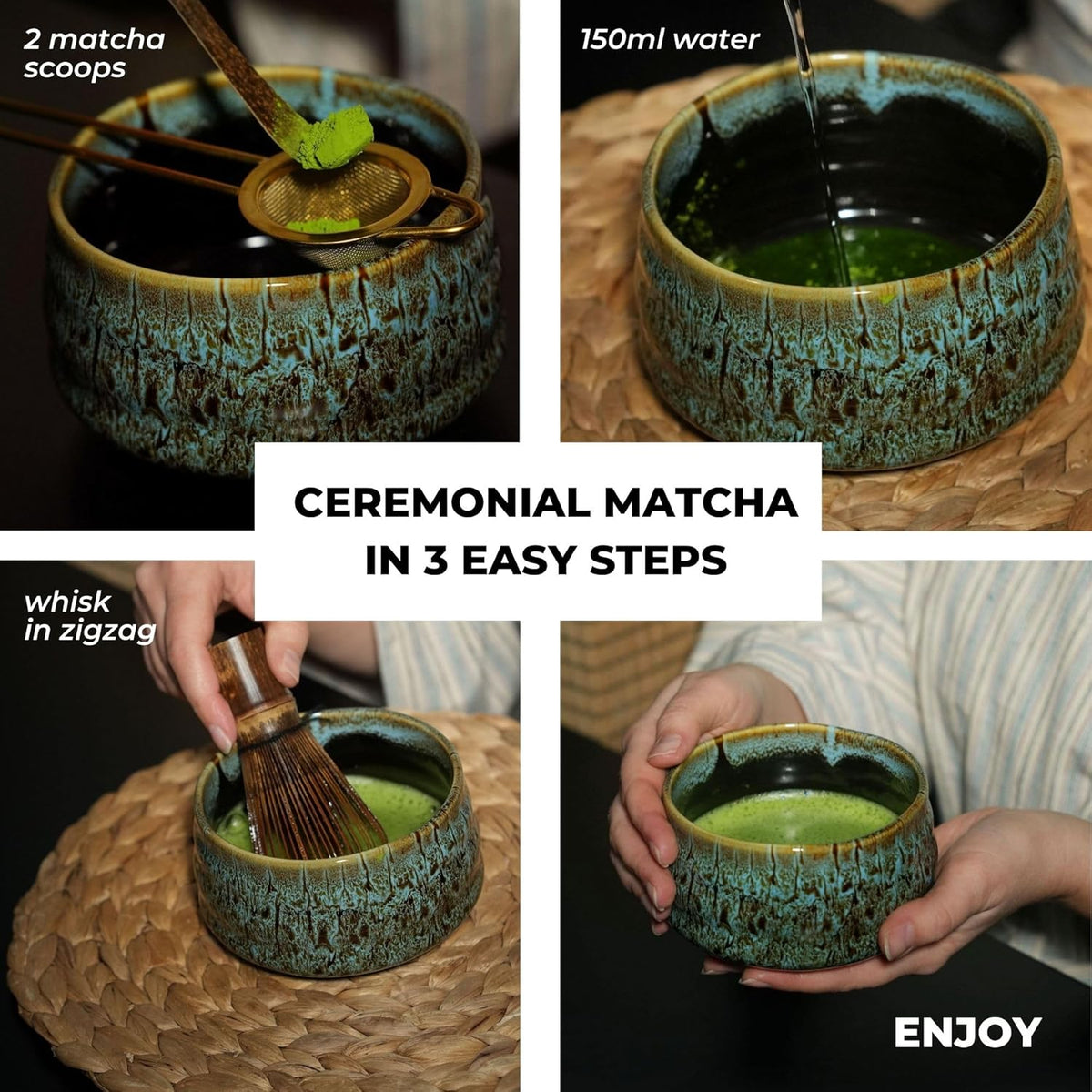 Gele Japanse Matcha Set: Bamboe Whisk & Scoop, Keramische Bowl & Garde Houder, 30g Ceremonieel Poeder, Zeef | Traditionele Starter Gift Set