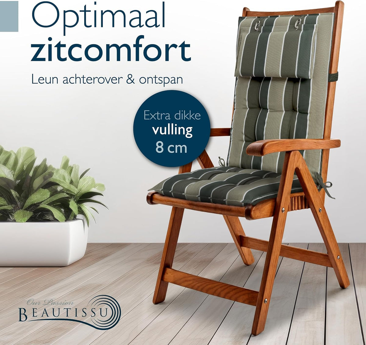 Beautissu Set van 4 Premium Hoge Rugleuning Kussen met Hoofdkussen 120x50 cm Sun-HL – UV-bestendig & 8cm Dik Kussen Tuinstoelkussen Antislip Bevestigingsbanden – Stevige Stof Groen Gestreept