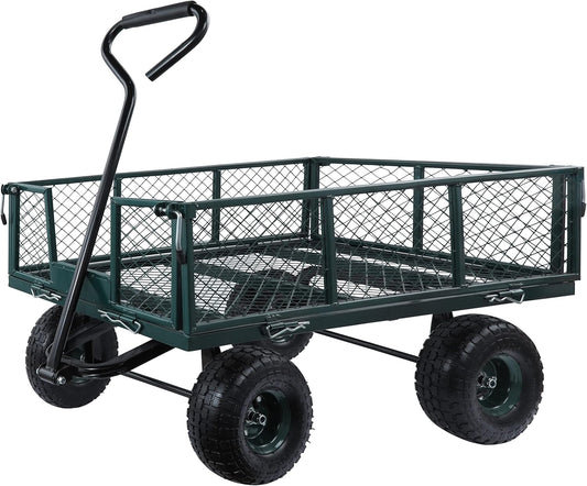 Tuinwagen – Transportkar – Tuinkar – Trekkar – Handkar – Zwart – 350 kg Draagvermogen – Afneembare Zijkanten en 4 Luchtbanden