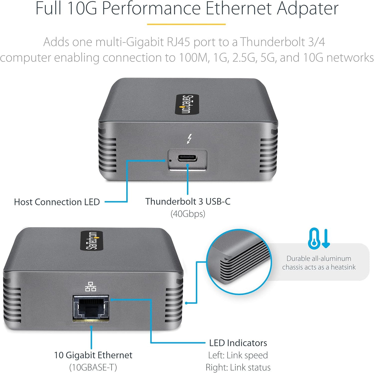 StarTech.com Thunderbolt 3 naar Ethernet Adapter, 10GbE, Multi-Gigabit, Thunderbolt 3 naar RJ45 Netwerk Adapter, 10GBASE-T/5-2.5GBASE-T, 10G Adapter met TB3 Gecertificeerde Kabel, Win/Mac (TB310G2)