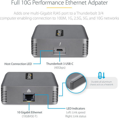 StarTech.com Thunderbolt 3 naar Ethernet Adapter, 10GbE, Multi-Gigabit, Thunderbolt 3 naar RJ45 Netwerk Adapter, 10GBASE-T/5-2.5GBASE-T, 10G Adapter met TB3 Gecertificeerde Kabel, Win/Mac (TB310G2)