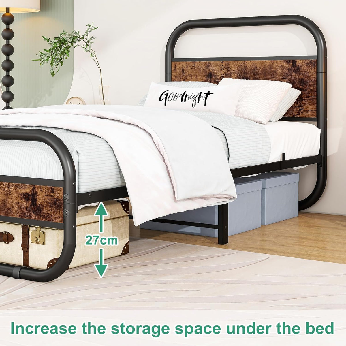 HOMERECOMMEND 3ft eenpersoons bedframe met hoofdeinde, ovaalvormig platformbed met opbergruimte onder het bed, stalen latten matrasbodem met rond pijpontwerp, bruin