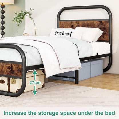HOMERECOMMEND 3ft eenpersoons bedframe met hoofdeinde, ovaalvormig platformbed met opbergruimte onder het bed, stalen latten matrasbodem met rond pijpontwerp, bruin