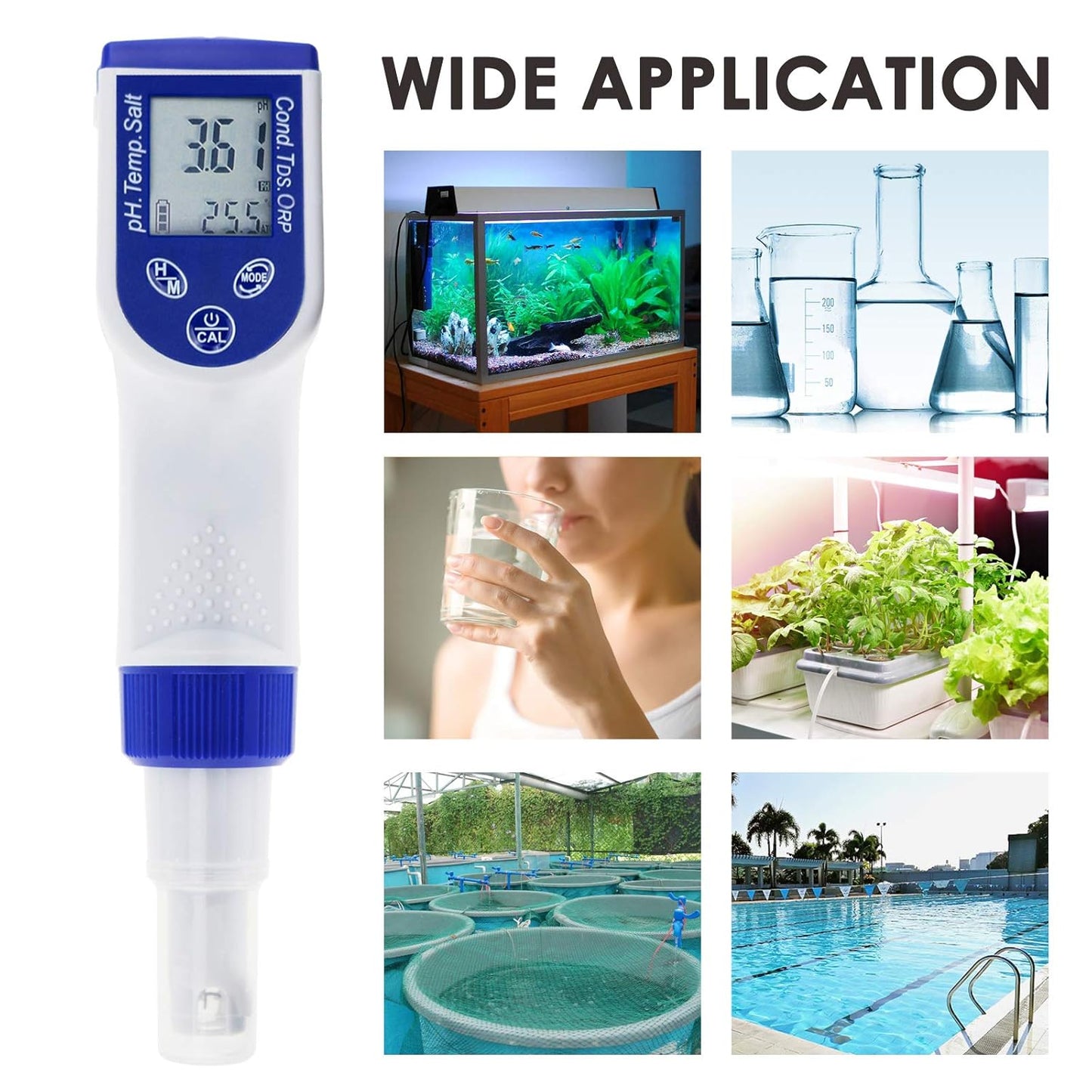 6-in-1 pH-Meter voor Waterkwaliteit; Multiparameters (pH-ORP TDS Saliniteit Geleidbaarheid CE Temperatuurmeter) Waterdichte Digitale Pen met Verwisselbare ORP-Sonde