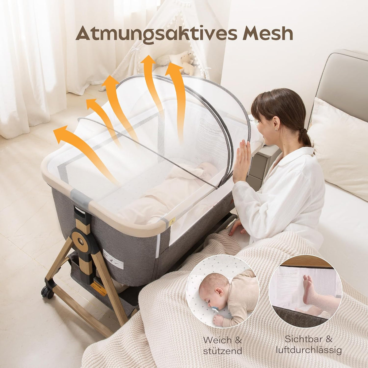 Maydolly Baby Cot,Baby Co-sleeper, 3 in 1 Cots, Bedroom Crib,Cot,High Quality Mattress ech Height Adjustment and Incline Adjustment, 4 Casters with Brake(Grey) - QUORE
