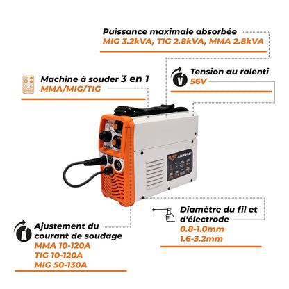 RURIS AS130FULL Welding Machine MMA/MIG/TIG + Accessoires: masker, hammer/borstel, elektroden, magneet, gloves, Solar Welding Helmet, Apron, 0,8 mm Welding Wire.