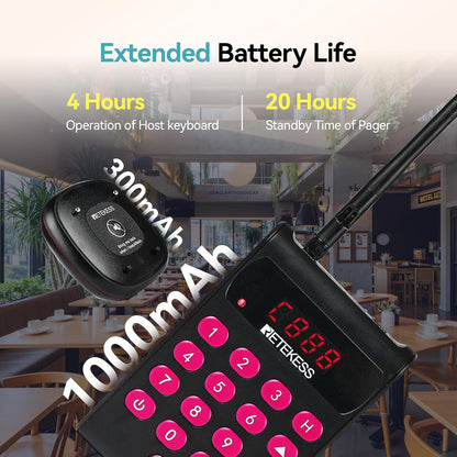 Draadloos Oproepsysteem – Pager – Semafoonsysteem – Communicatiesysteem – Oproepsysteem Restaurant – 500 Meter Bereik – 40 Pagers Met Afneembaar Toetsenbord – Mute-knop - QUORE